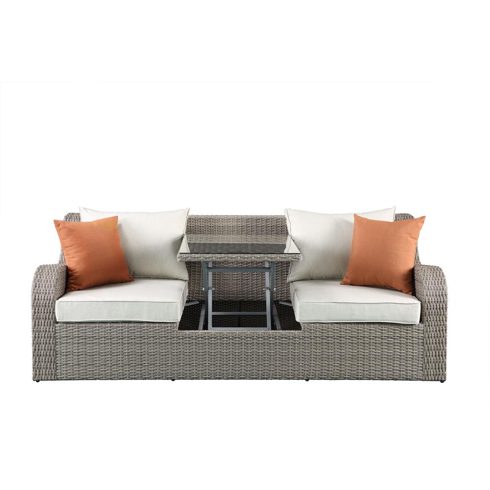 Salena Patio Sectional & 2 Ottomans, Beige Fabric & Gray Wicker. Picture 5