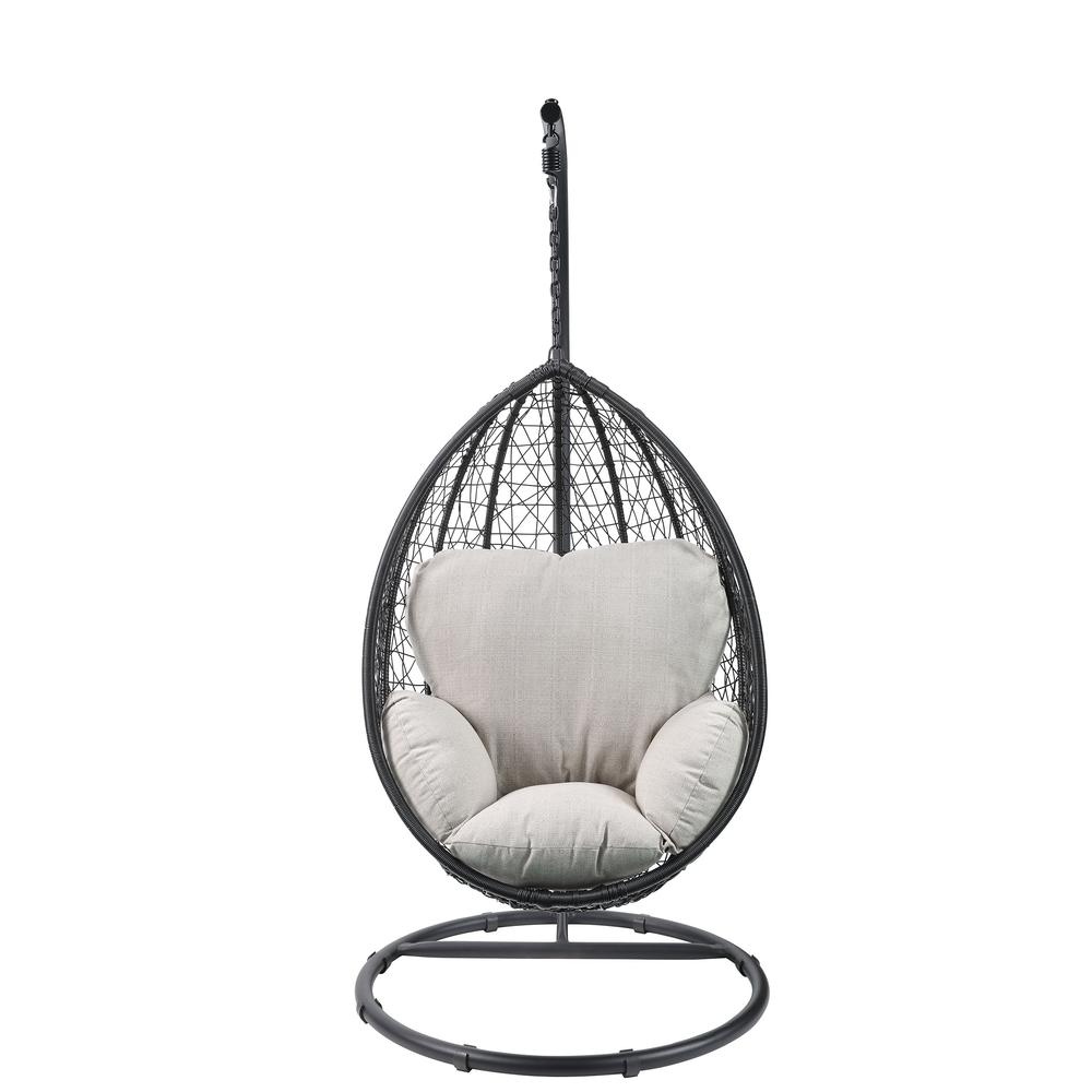 Simona Patio Swing Chair with Stand, Beige Fabric & Black Wicker. Picture 2