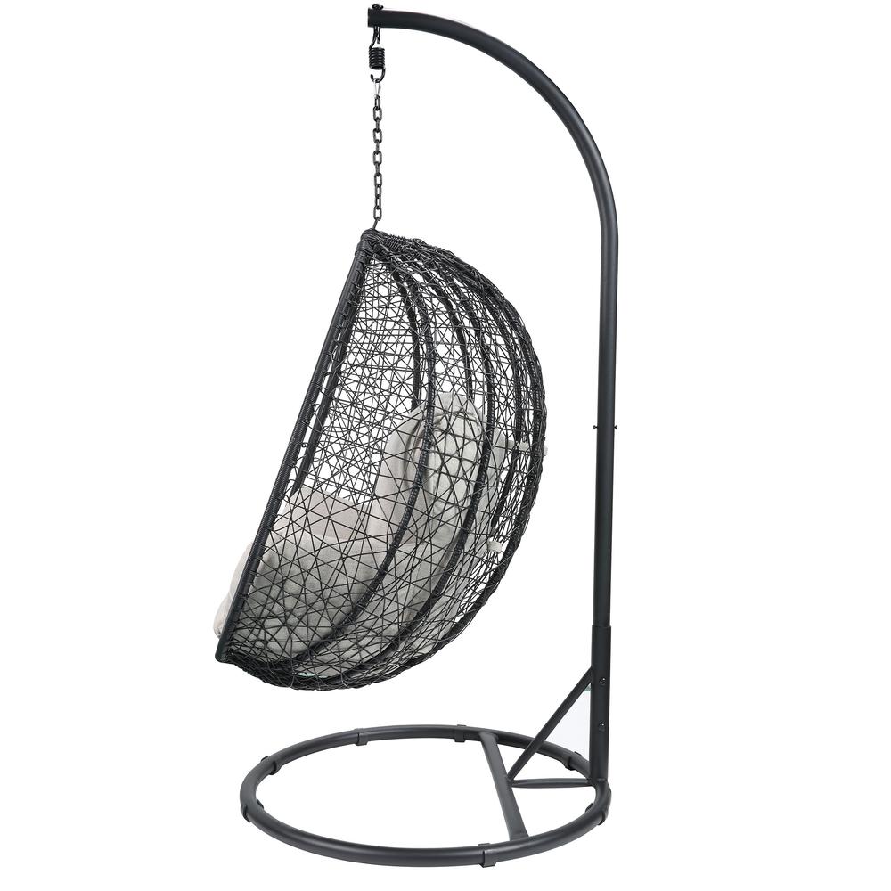 Simona Patio Swing Chair with Stand, Beige Fabric & Black Wicker. Picture 4