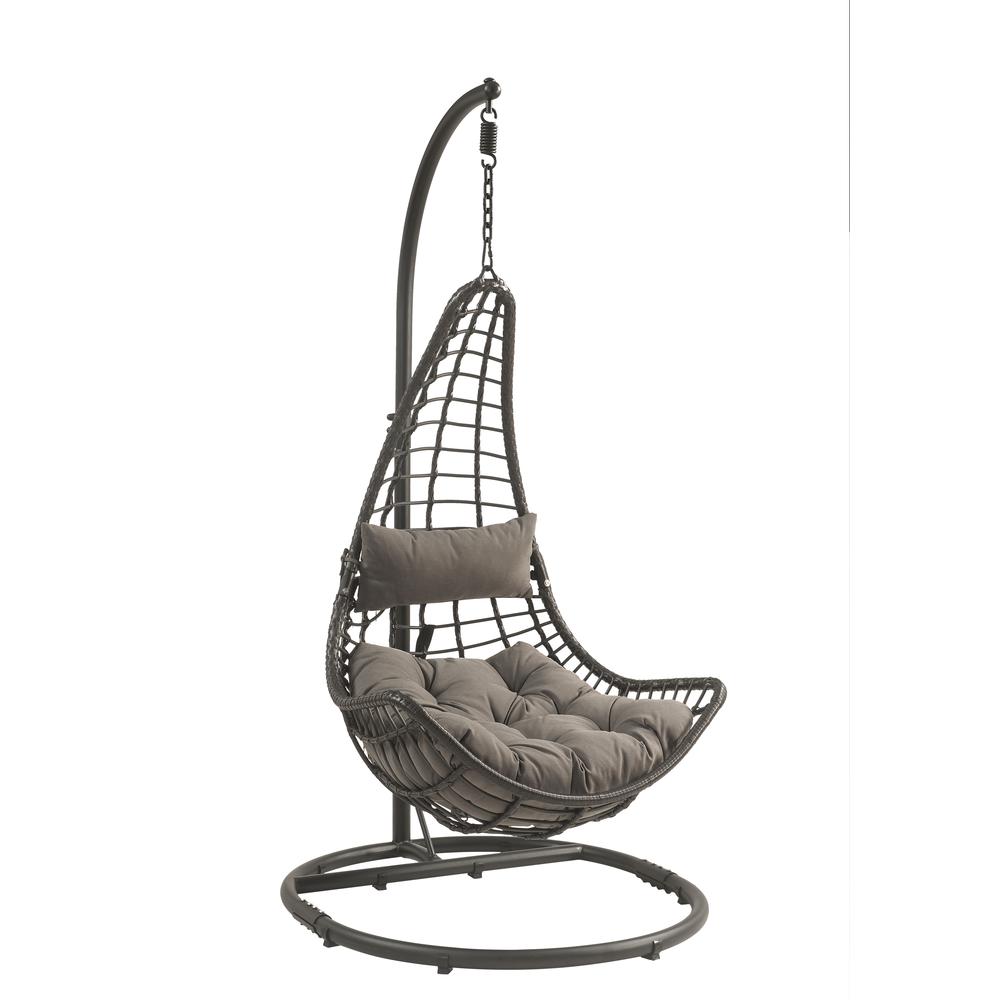 Uzae Patio Hanging Chair with Stand, Gray Fabric & Charcoal Wicker (45105). Picture 1