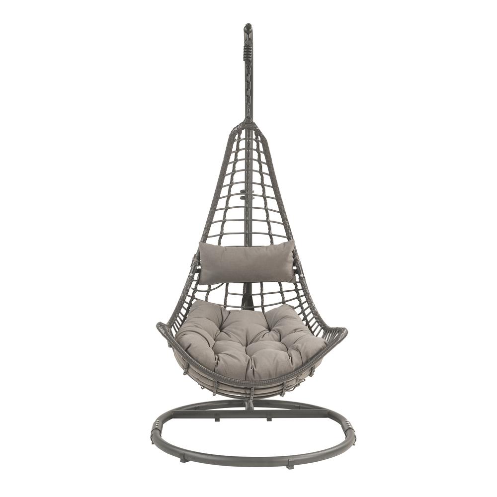 Uzae Patio Hanging Chair with Stand, Gray Fabric & Charcoal Wicker (45105). Picture 3