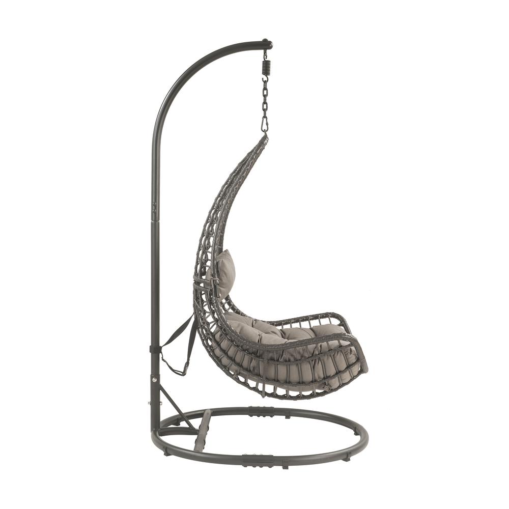 Uzae Patio Hanging Chair with Stand, Gray Fabric & Charcoal Wicker (45105). Picture 5