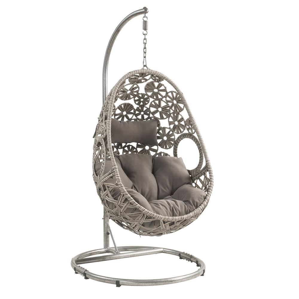 Sigar Patio Hanging Chair with Stand, Light Gray Fabric & Wicker (45107). Picture 1