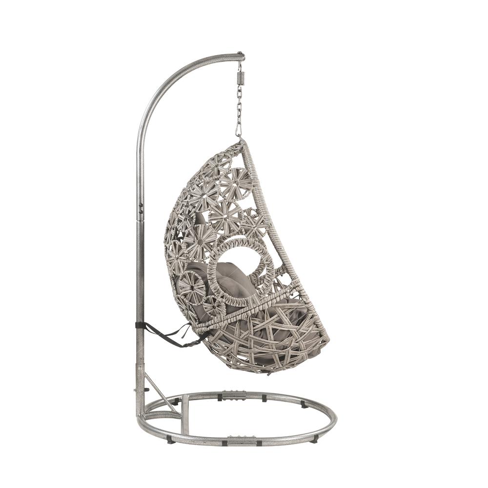 Sigar Patio Hanging Chair with Stand, Light Gray Fabric & Wicker (45107). Picture 5