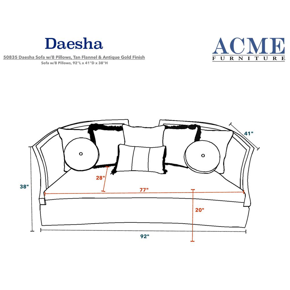 Daesha Sofa w/8 Pillows, Tan Flannel & Antique Gold (50835). Picture 3