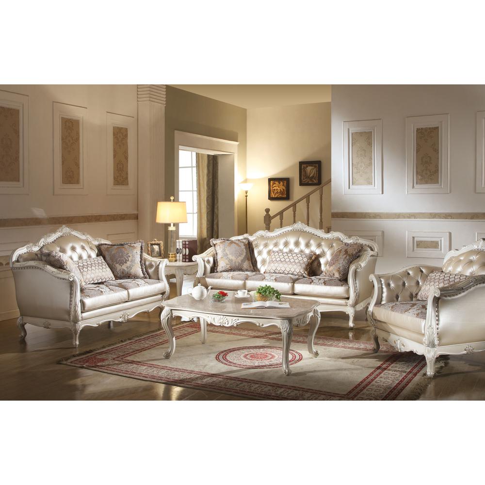 Loveseat (w/3 Pillows), Rose Gold PU/Fabric & Pearl White 53541. Picture 1