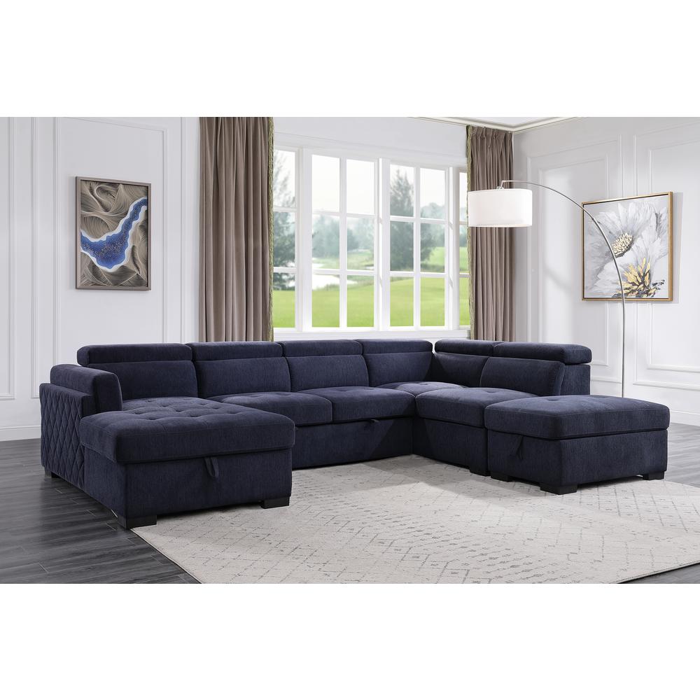 ACME Nekoda Storage Sleeper Sectional Sofa and Ottoman, Navy Blue Fabric. Picture 1