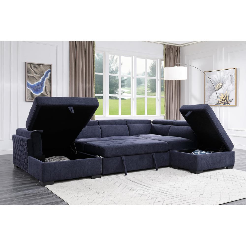 ACME Nekoda Storage Sleeper Sectional Sofa and Ottoman, Navy Blue Fabric. Picture 2