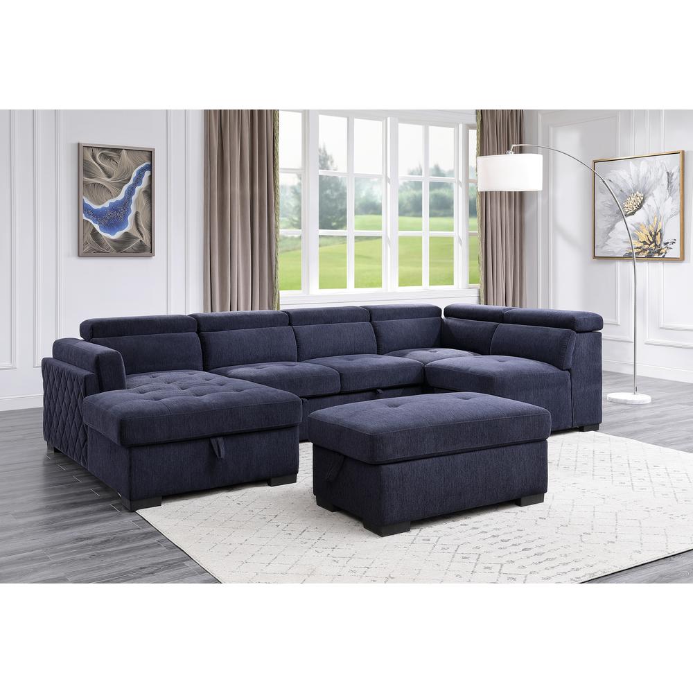 ACME Nekoda Storage Sleeper Sectional Sofa and Ottoman, Navy Blue Fabric. Picture 3