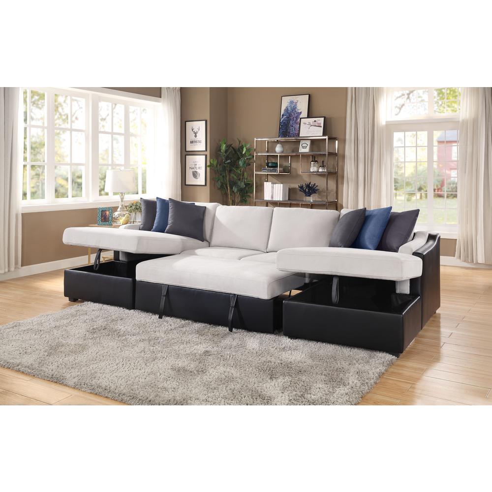 ACME Merill Sectional Sofa w/Sleeper , Beige Fabric & Black PU. Picture 2