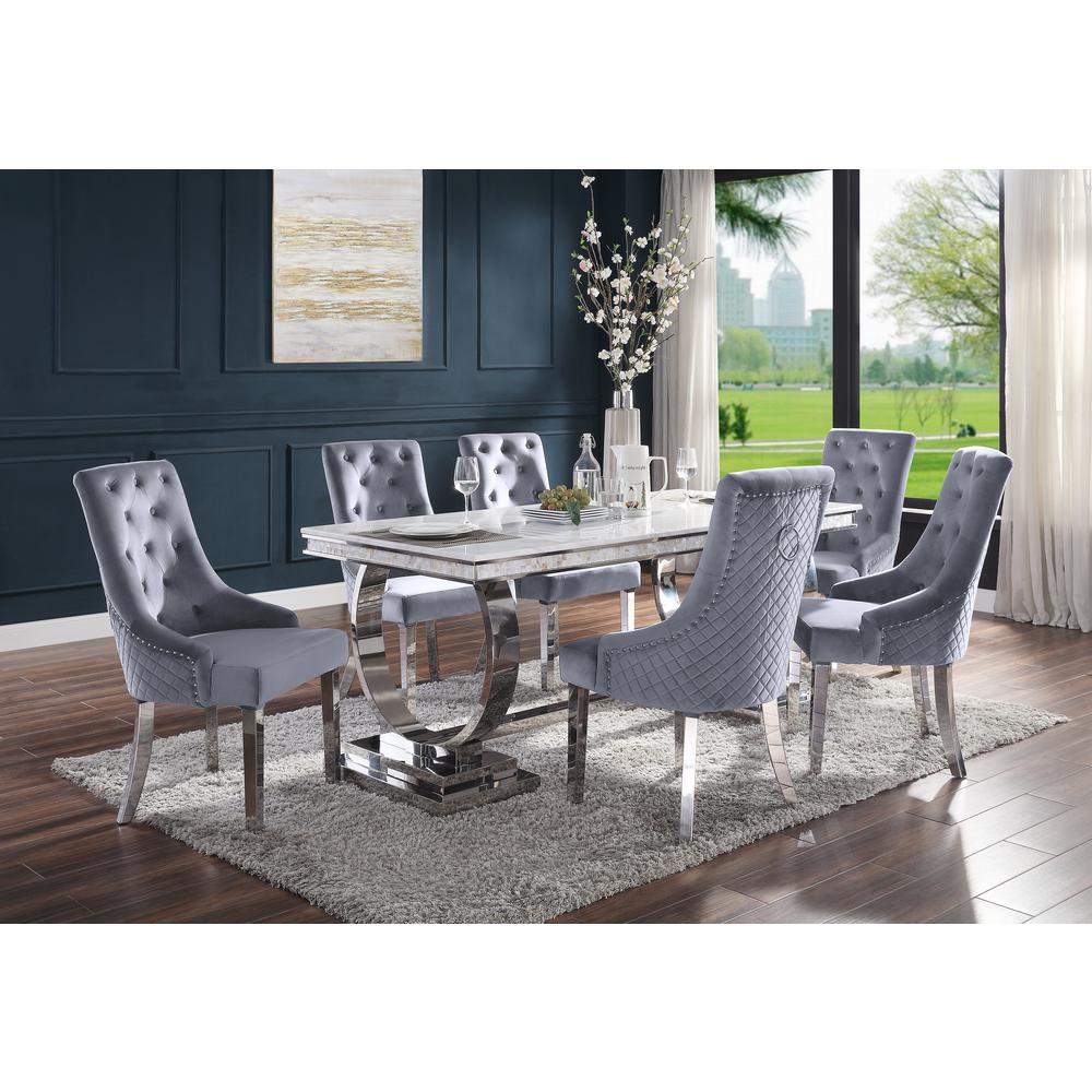 ACME Satinka Side Chair, Gray Fabric & Mirrored Silver Finish. Picture 1