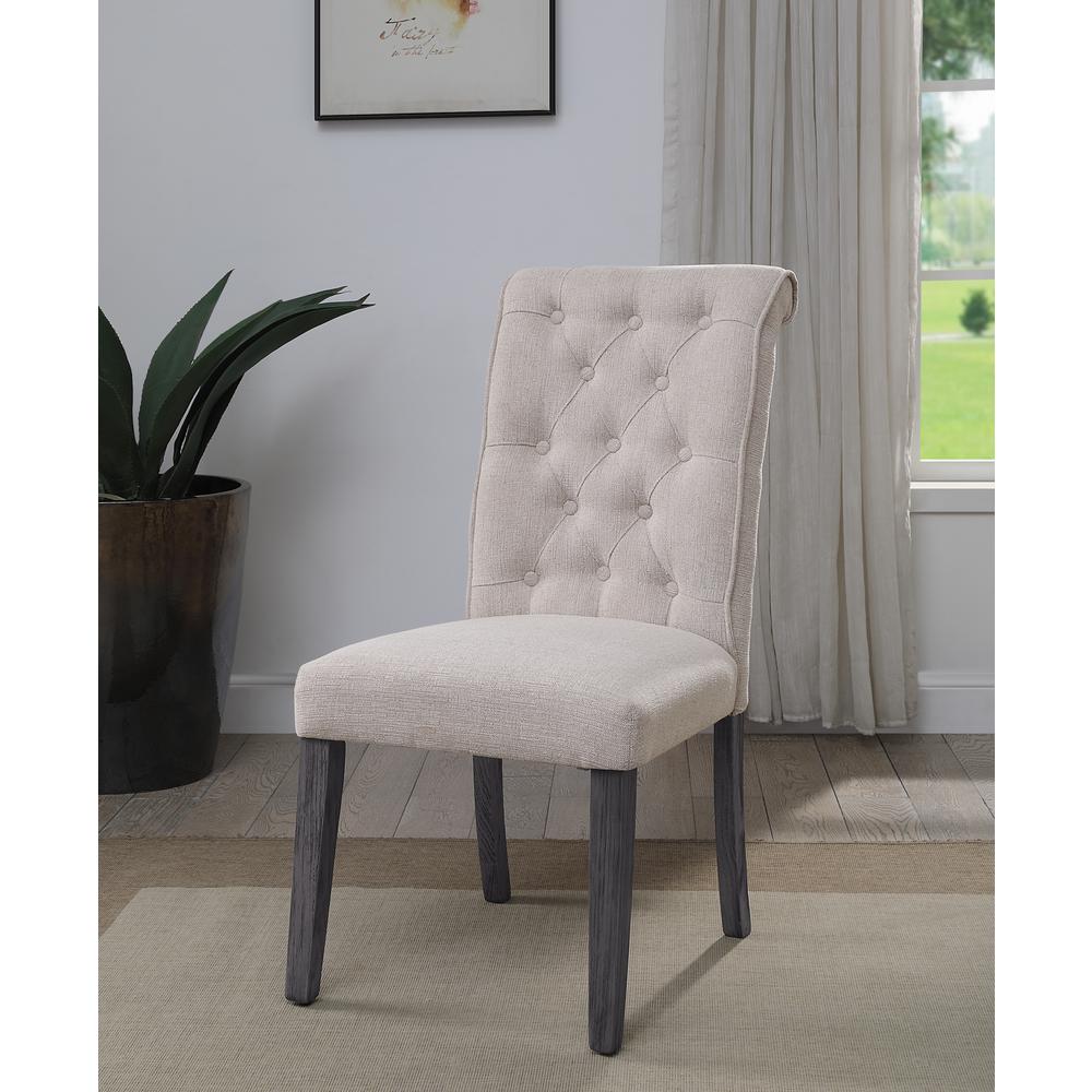 ACME Yabeina Side Chair (Set-2), Beige Linen & Gray Finish. Picture 2