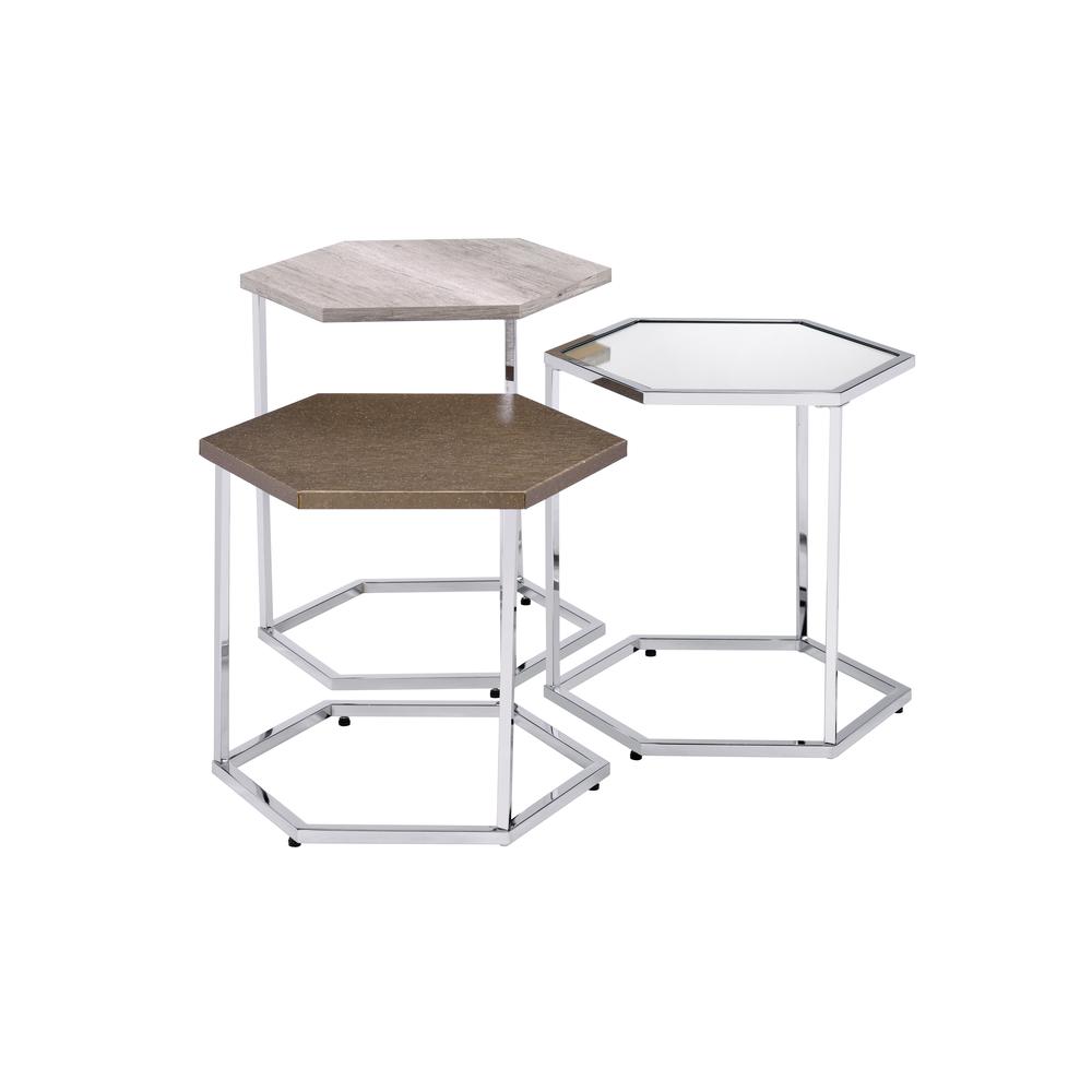 Simno Nesting Tables, Clear Glass, Taupe, Gray Washed & Chrome Finish (82105). The main picture.