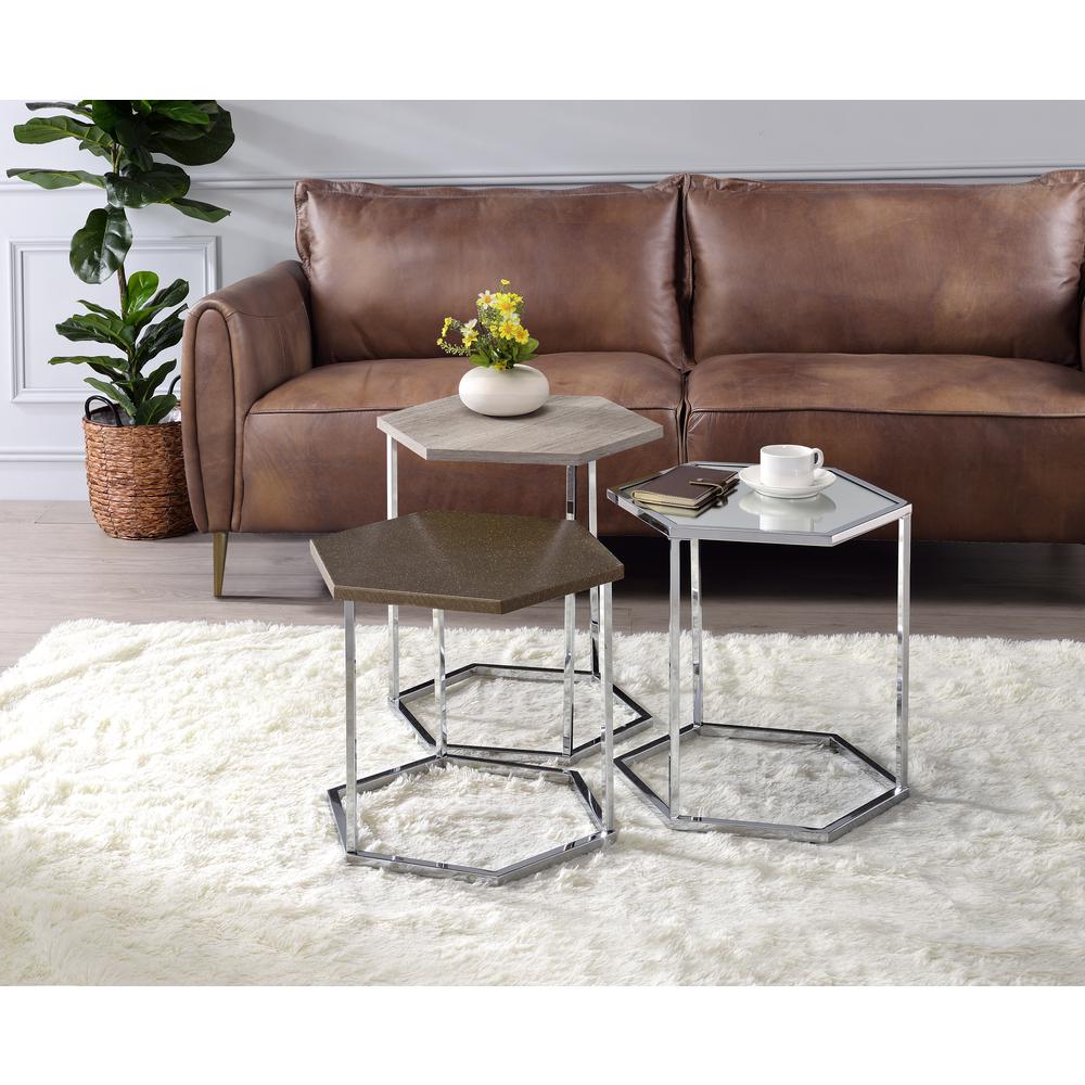 Simno Nesting Tables, Clear Glass, Taupe, Gray Washed & Chrome Finish (82105). Picture 3