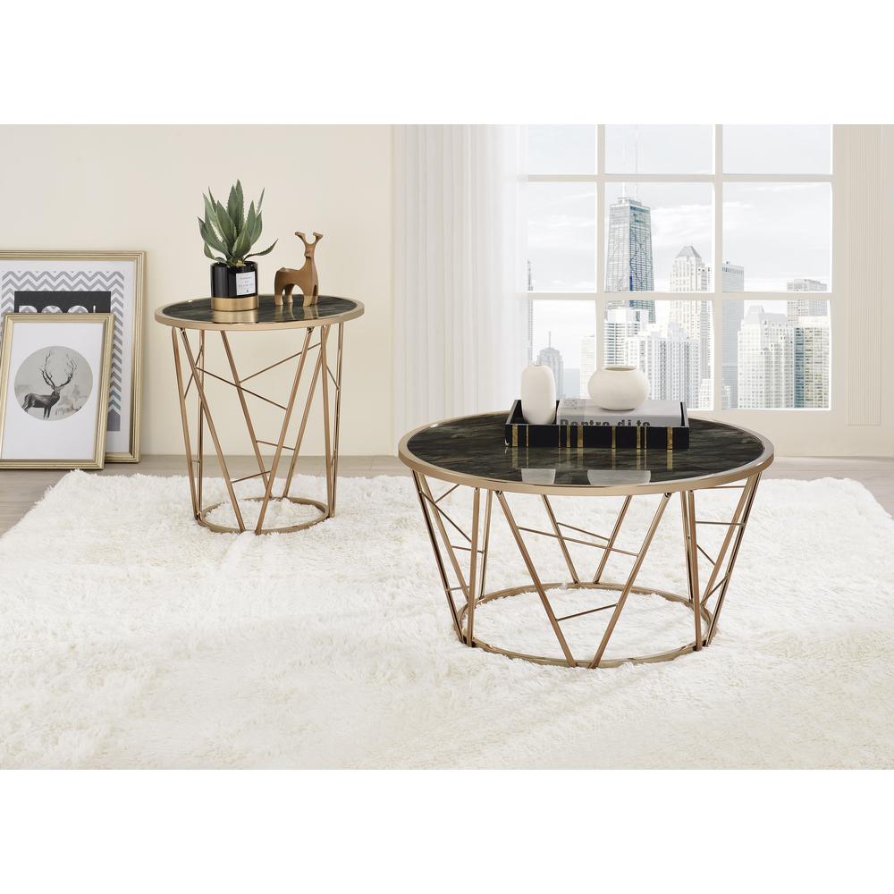 End Table, Faux Black Marble Glass & Champagne Finish 83302. Picture 1