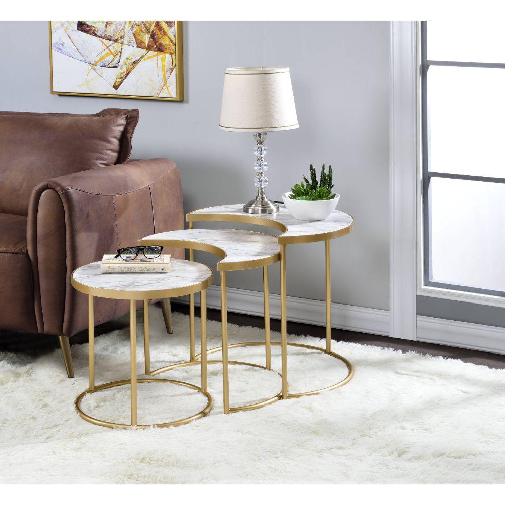 Anpay Faux Marble Top & Gold 3Pc Pack Nesting Tables. Picture 3