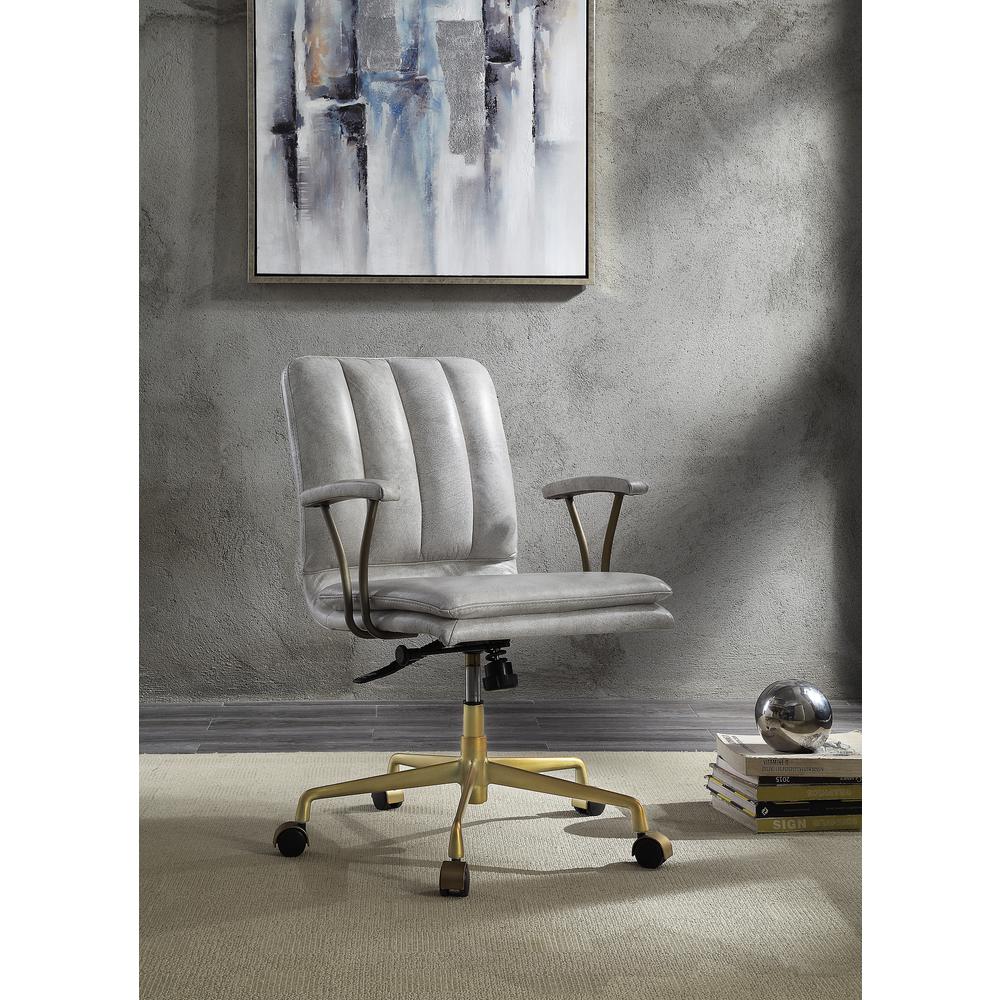 Office Chair, Vintage White Top Grain Leather & Gold. Picture 5