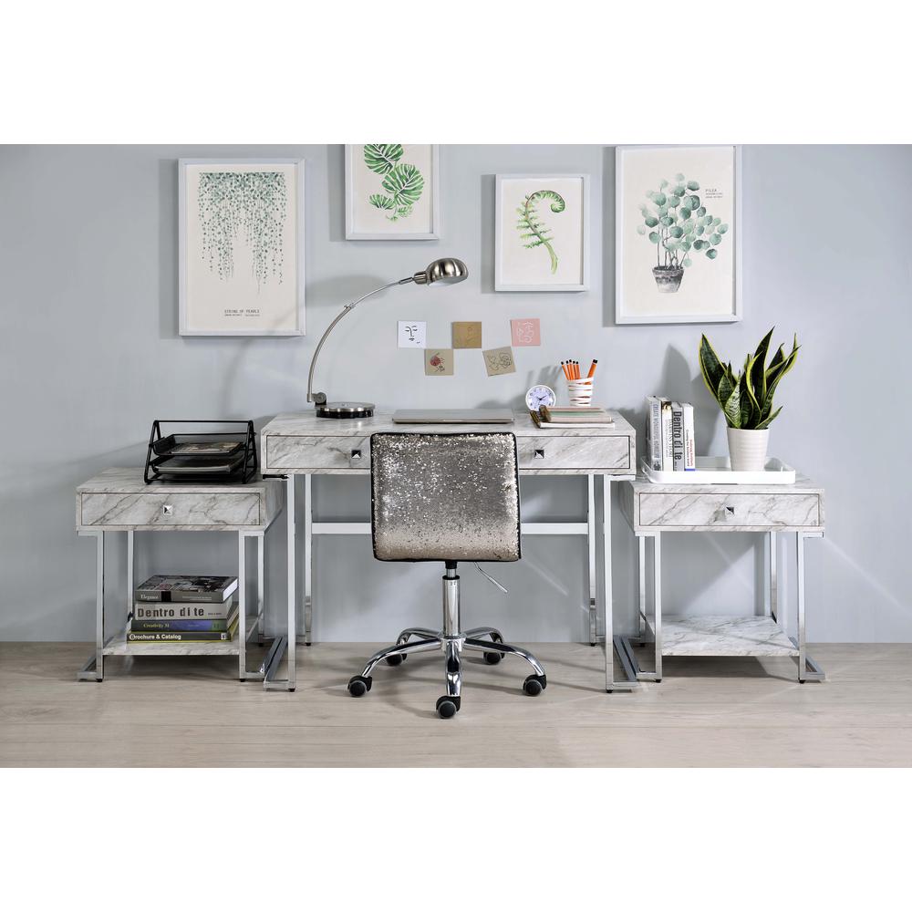 Writing Desk, White Printed Faux Marble & Chrome Finish 92615. Picture 2