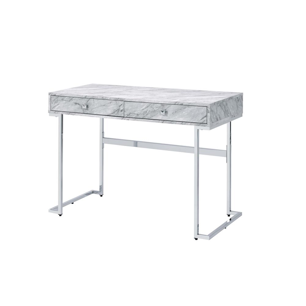 Writing Desk, White Printed Faux Marble & Chrome Finish 92615. Picture 3
