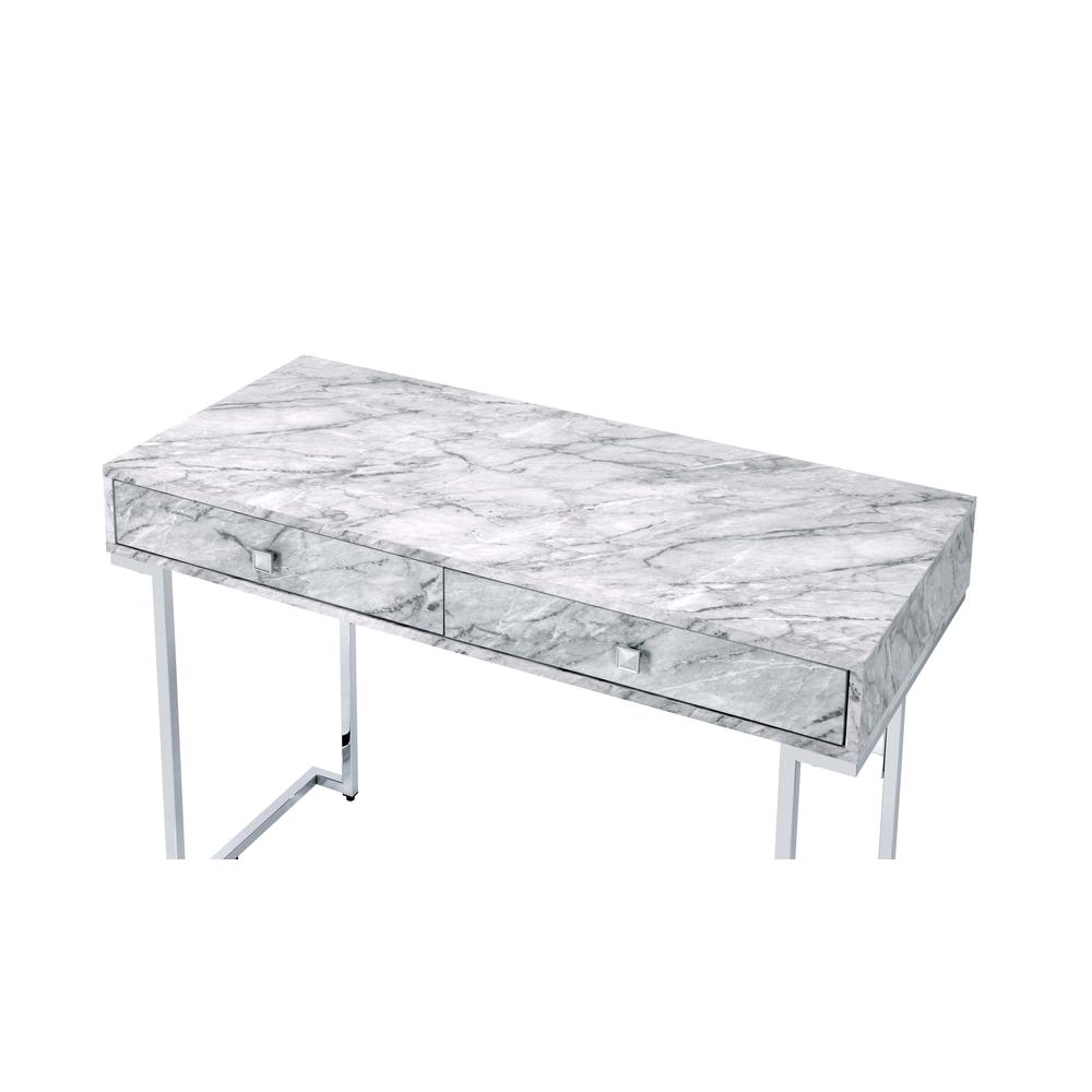 Writing Desk, White Printed Faux Marble & Chrome Finish 92615. Picture 5
