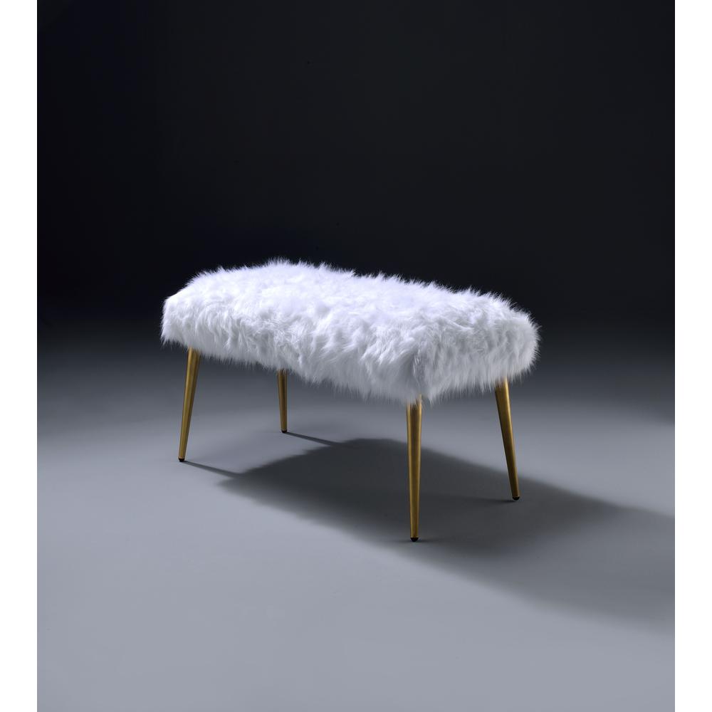 Bagley II Bench, White Faux Fur & Gold. Picture 1