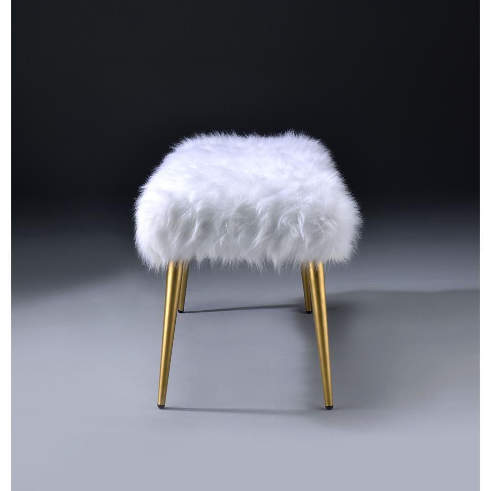 Bagley II Bench, White Faux Fur & Gold. Picture 3