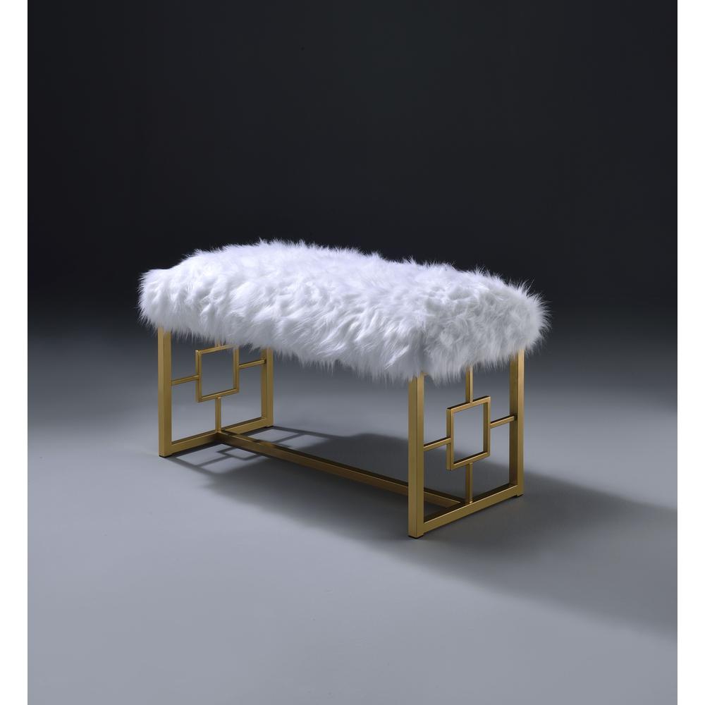 Bagley II Bench, White Faux Fur & Gold. Picture 5