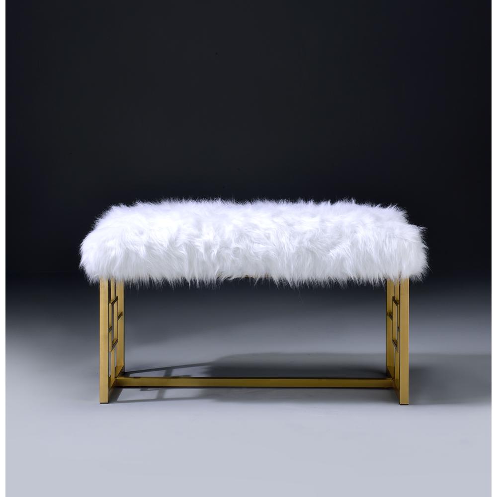 Bagley II Bench, White Faux Fur & Gold. Picture 6
