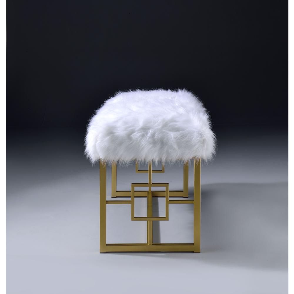 Bagley II Bench, White Faux Fur & Gold. Picture 7