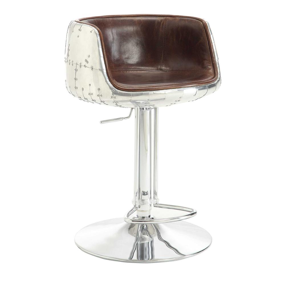 Brancaster Adjustable Stool w/Swivel (1Pc), Vintage Brown Top Grain Leather & Aluminum, 24~34" Seat Height (96555)". Picture 1
