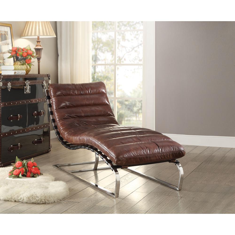 Qortini Chaise, Vintage Dark Brown Top Grain Leather & Stainless Steel (96670). Picture 1