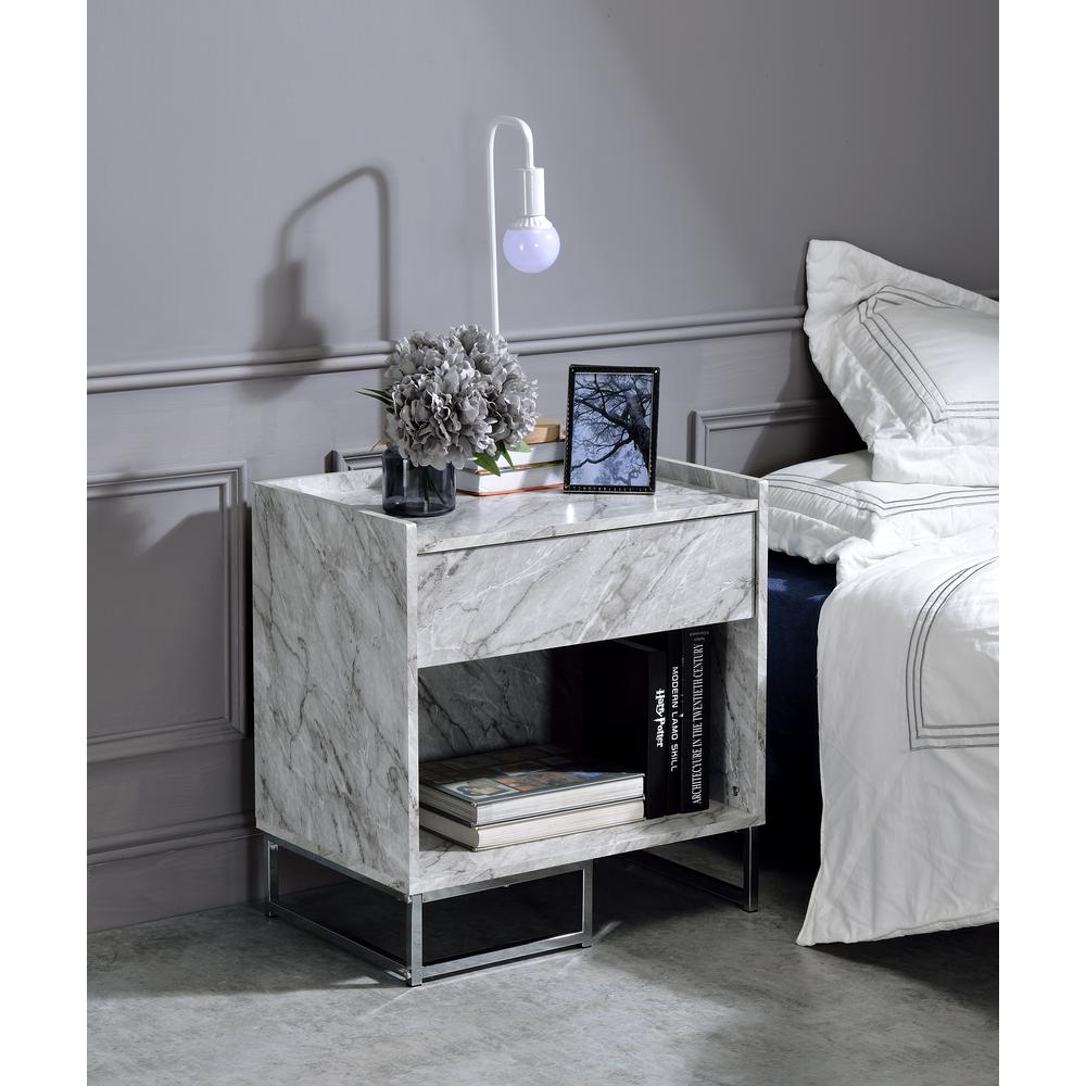 Accent Table, White Printed Faux Marble & Chrome Finish 97865. Picture 1