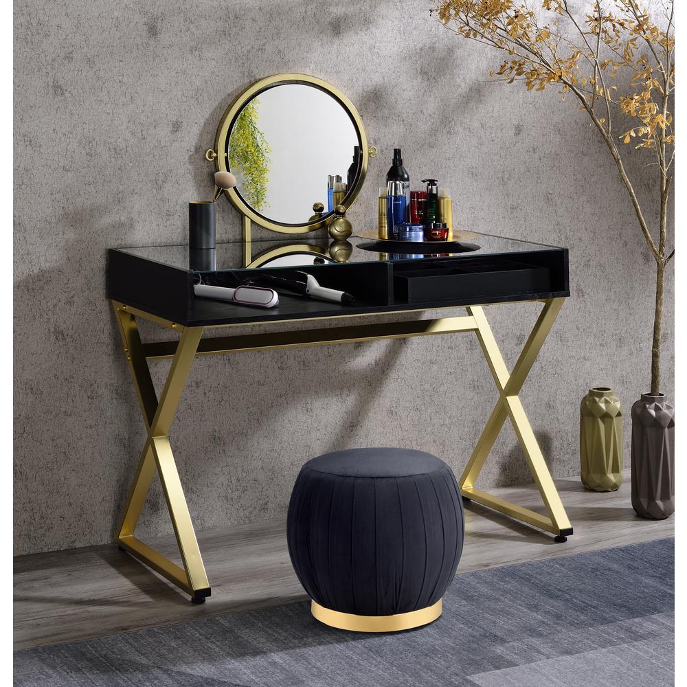 ACME Coleen Vanity Desk w/Mirror & Jewelry Tray, Black & Gold Finish. Picture 1
