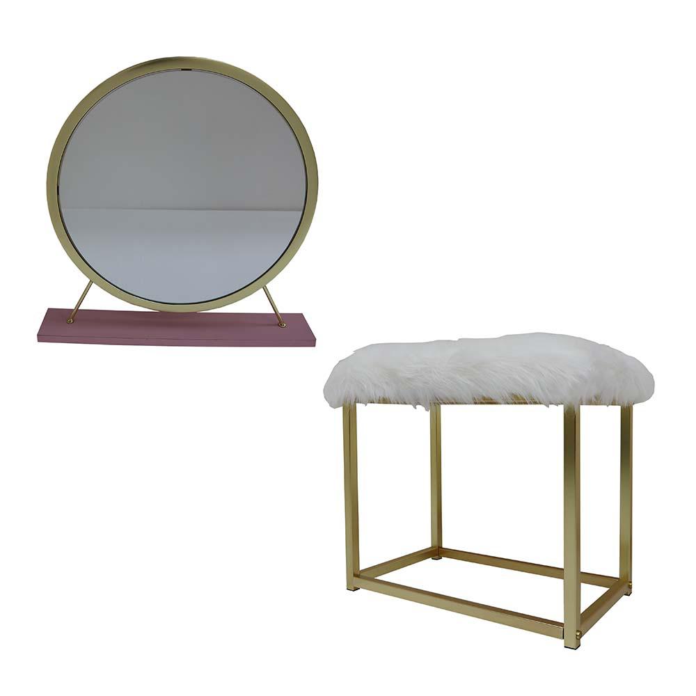 Adao Faux Fur, Mirror, Pink & Gold Finish Vanity Mirror & Stool. Picture 3