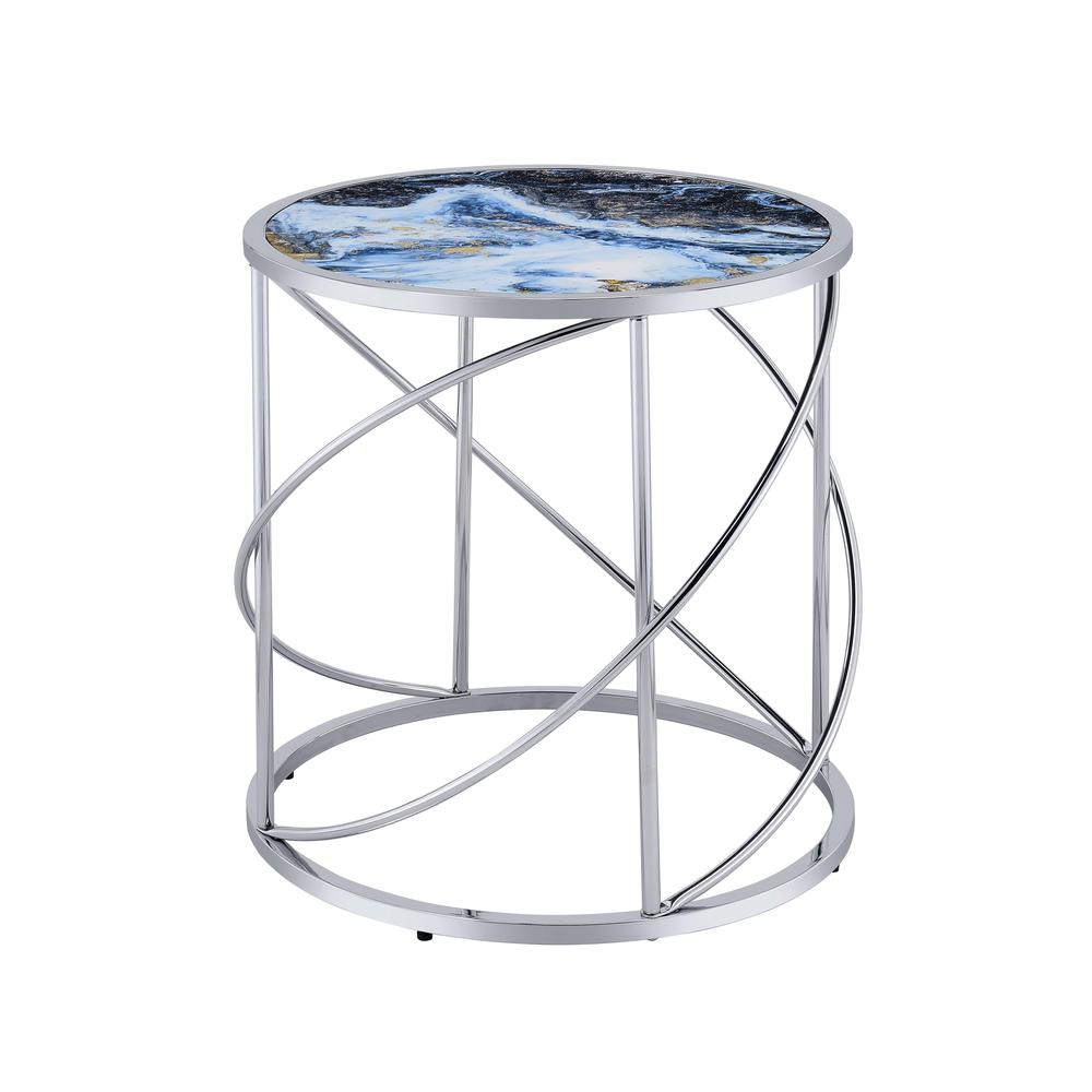 Lyda End Table, Blue Marble Print & Chrome Finish. Picture 1