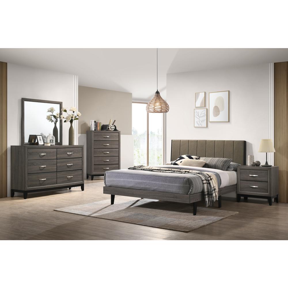 ACME Valdemar Queen Bed, Brown Fabric & Weatheted Gray Finish. Picture 1