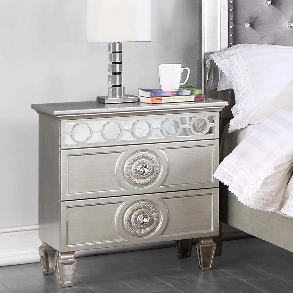 Varian Silver & Mirrored Finish Nightstand. Picture 1