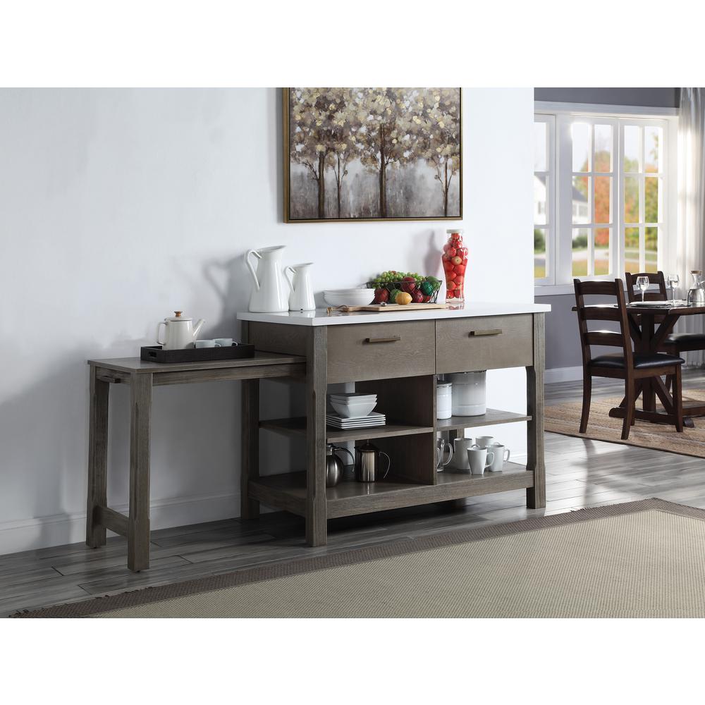 ACME Feivel Kitchen Island w/Pull Out Table, Marble Top & Gray Finish. Picture 1