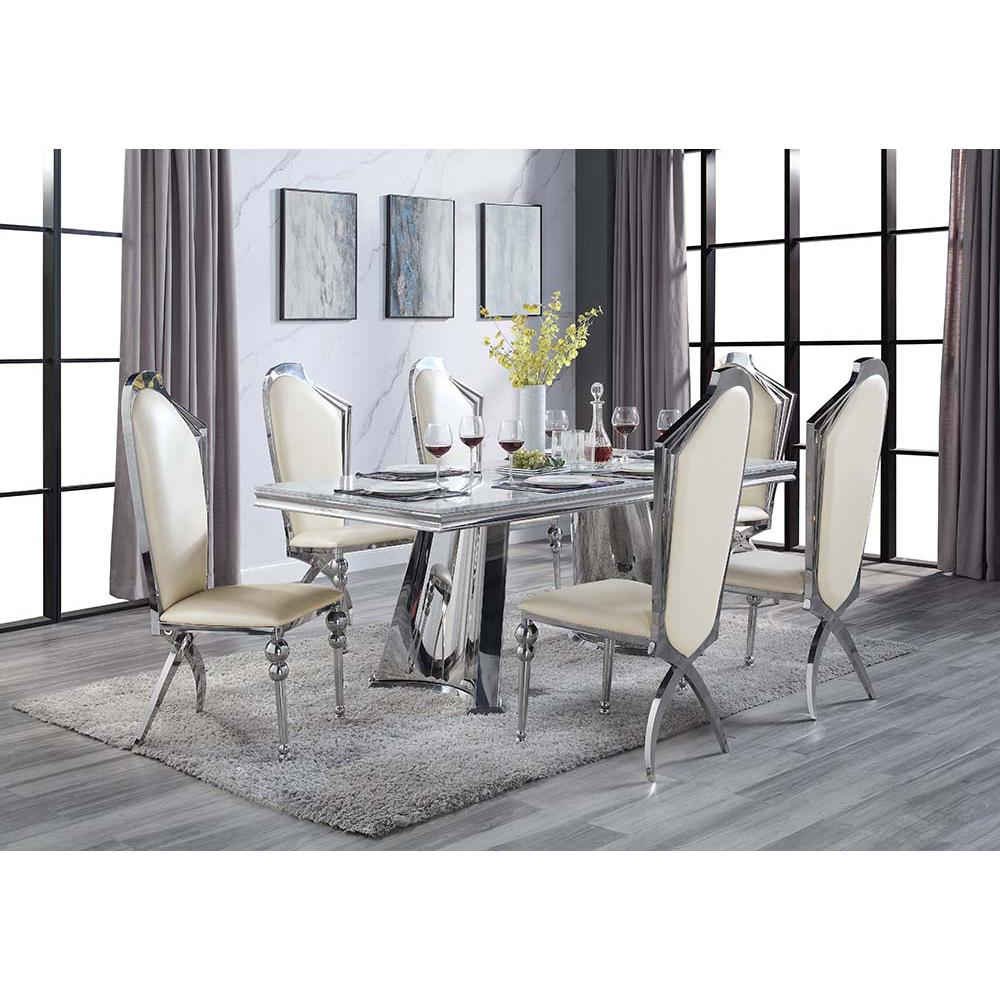 Destry Faux Marble Top & Mirrored Silver Finish Dining Table. Picture 4