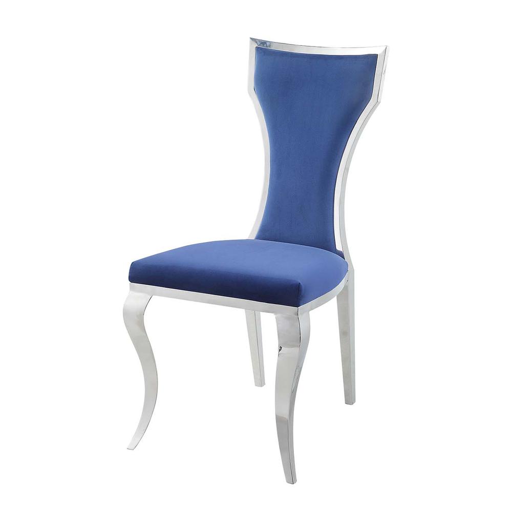 Azriel Blue Velvet & Mirroed Silver Finish Side Chair(Set-2). Picture 1