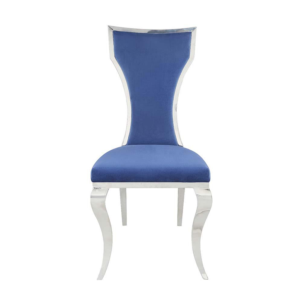 Azriel Blue Velvet & Mirroed Silver Finish Side Chair(Set-2). Picture 2