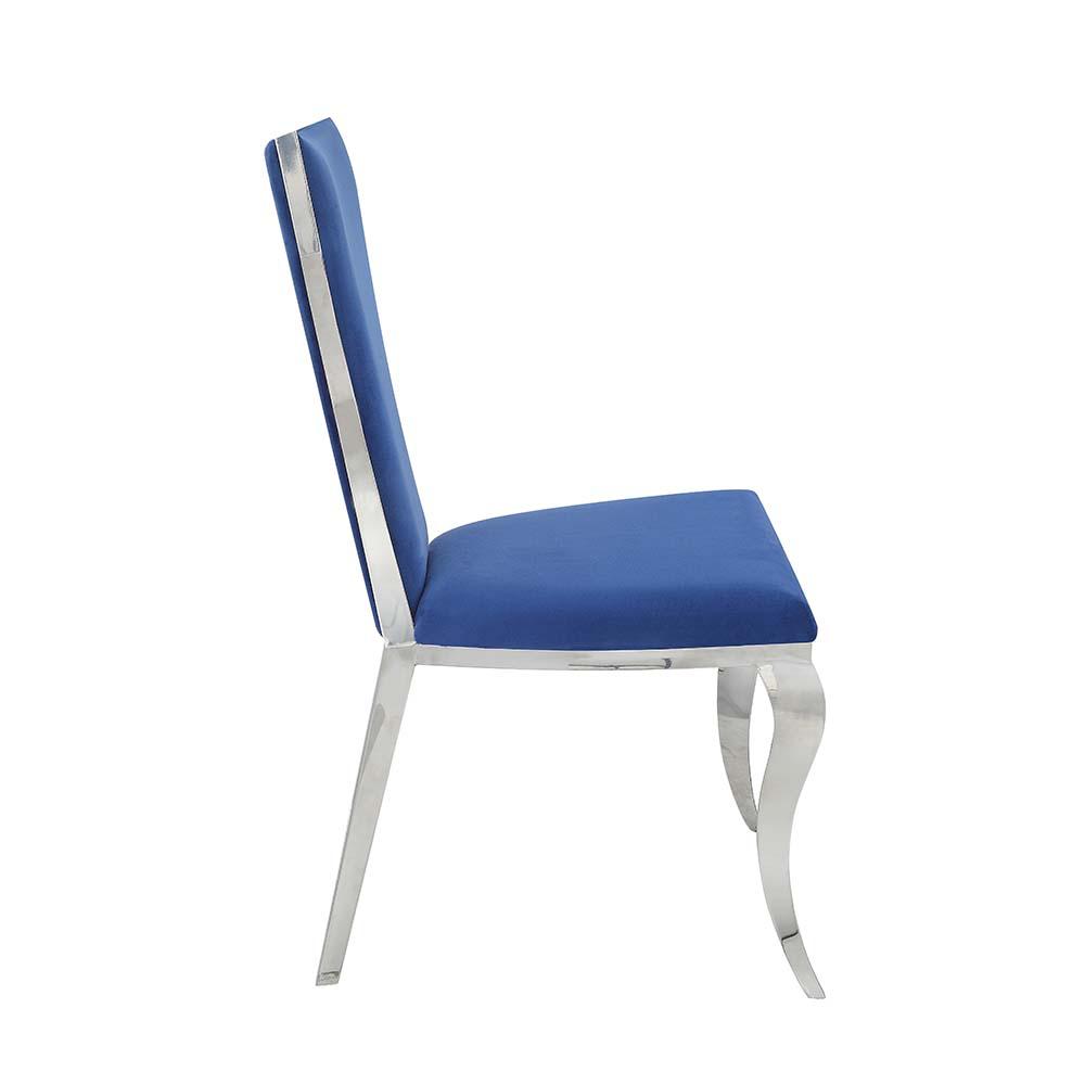 Azriel Blue Velvet & Mirroed Silver Finish Side Chair(Set-2). Picture 3