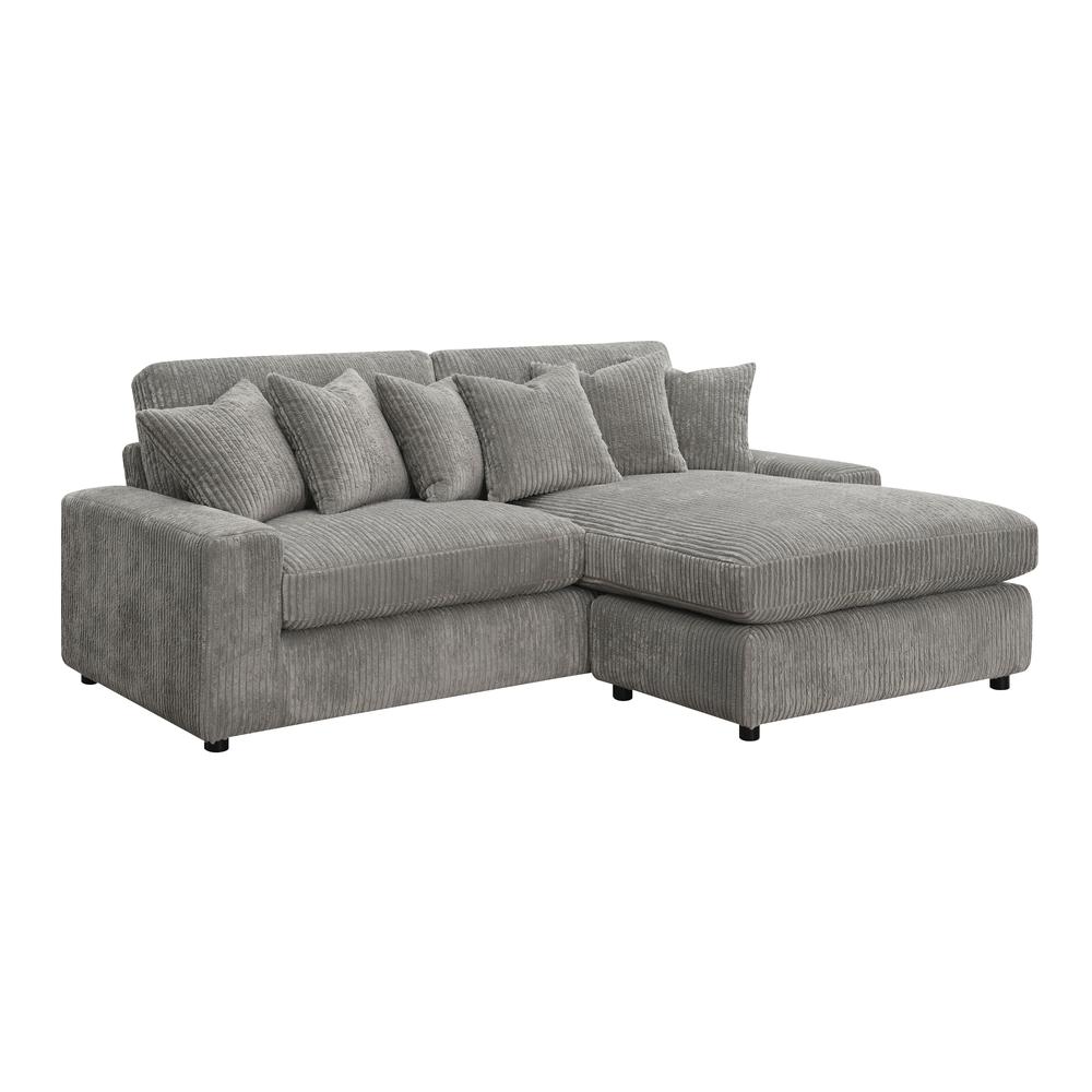 Furniture Tavia Corduroy Fabric L-Shaped Sectional with 6 Pillows in Gray. Picture 1
