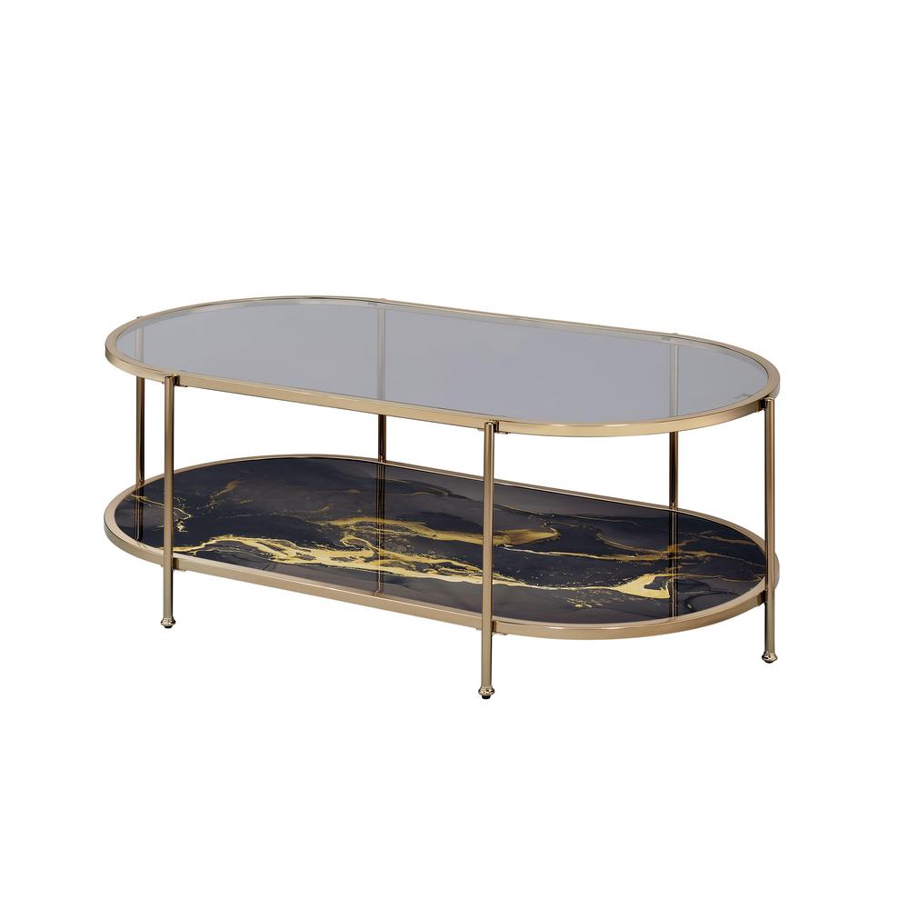Fiorella Coffee Table, Glass, Black Marble Paint & Gold Finish. Picture 2