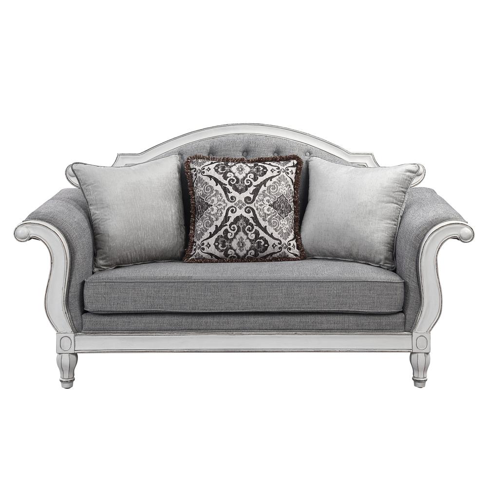Furniture Florian Tufted Fabric Loveseat w/ 3 Pillows in Gray/Antique White. Picture 2