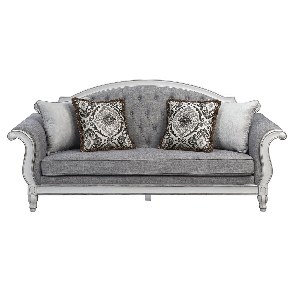 Furniture Florian Tufted Fabric Sofa with 4 Pillows in Gray/Antique White. Picture 2