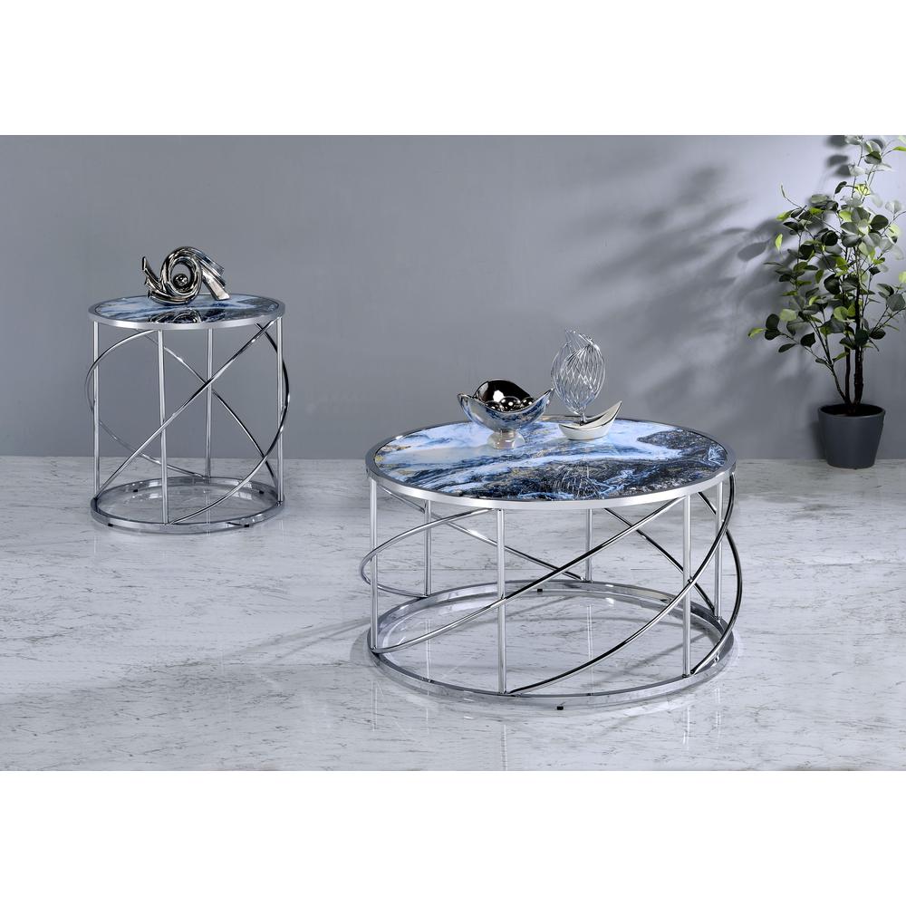 Lyda End Table, Blue Marble Print & Chrome Finish. Picture 2