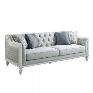 Katia Light Gray Linen & Weathered White Finish Sofa w/4 Pillows. Picture 1