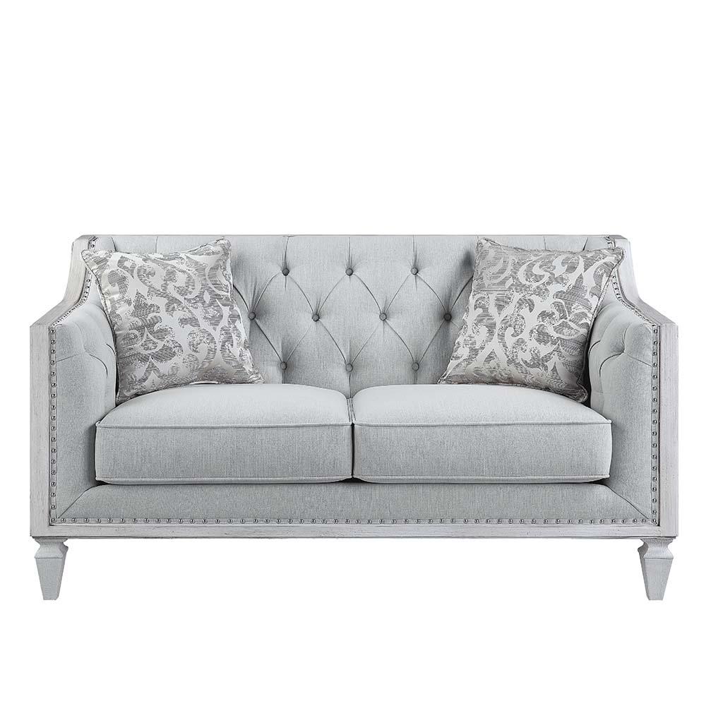 Katia Light Gray Linen & Weathered White Finish Loveseat w/2 Pillows. Picture 2