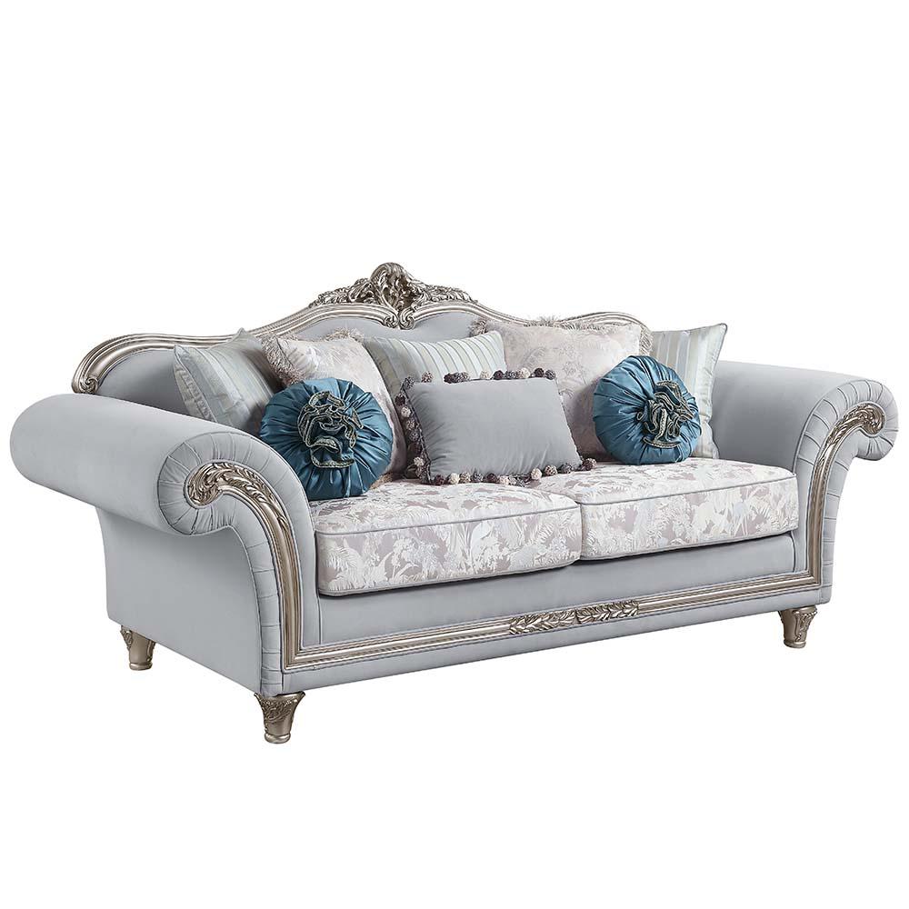 Pelumi Light Gray Linen & Platinum Finish Sofa w/8 Pillows. Picture 1